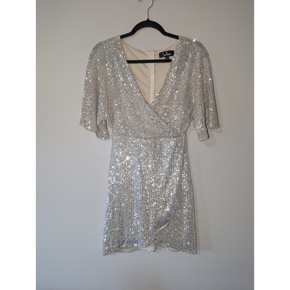 S Lulu's Weekender Cream Silver Sequin Faux-Wrap Mini Dress